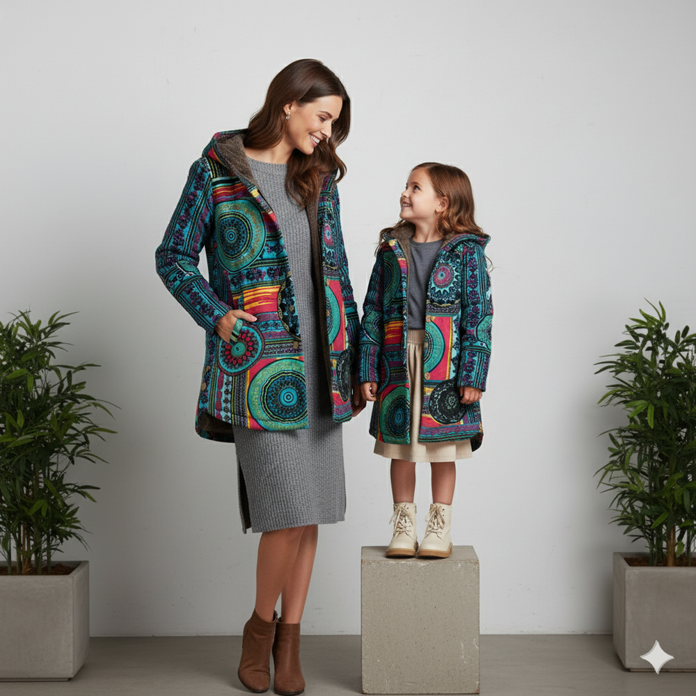 Damen Winterjacke mit Ethno Muster | Warm & Bequem | Kapuze