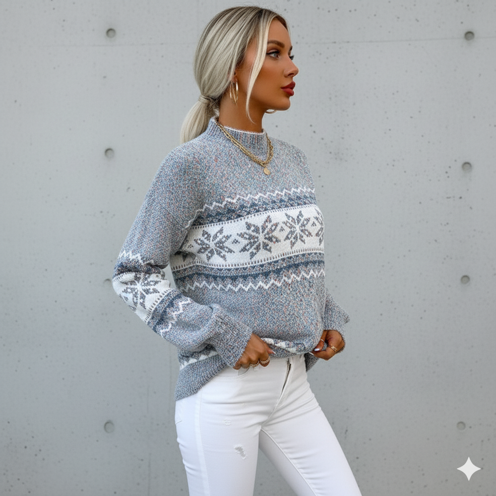 Damen Strickpullover mit Stehkragen | Winter | Schneeflocken-Muster