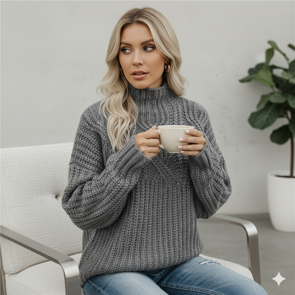 Damen Strickpullover mit Zopfmuster | Warm & Hochgeschlossen | Winter