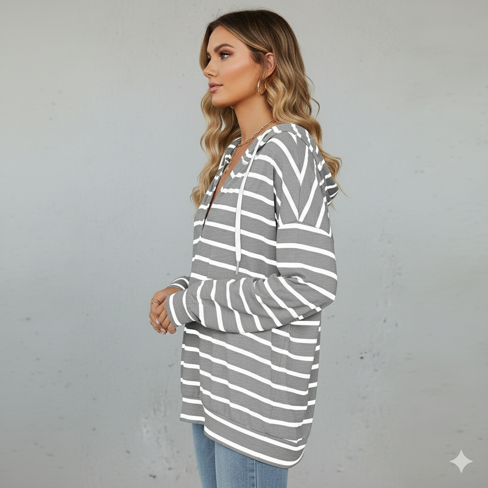Gestreifter Damen Hoodie mit V Ausschnitt
