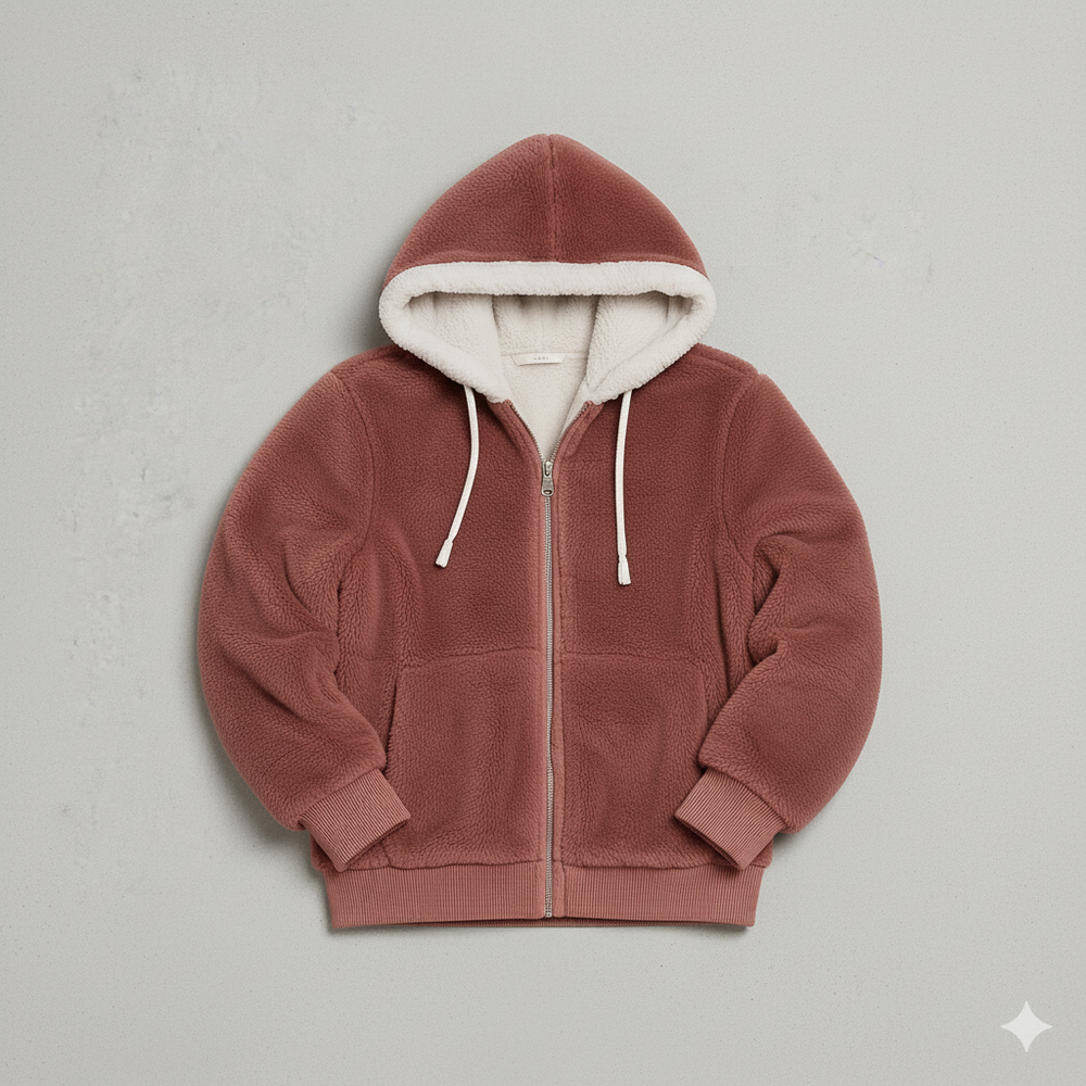 Kuschelige Damen Plüschjacke mit Kapuze und Reißverschluss | Winter