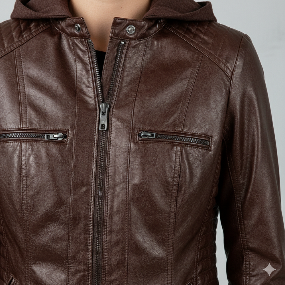 Damen Lederjacke mit Kapuze | Modern & Abnehmbar | Übergang