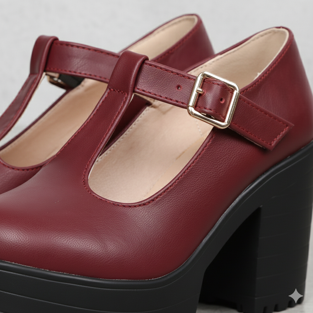Damen T-Steg Pumps | Retro Stil mit Blockabsatz & Schnalle