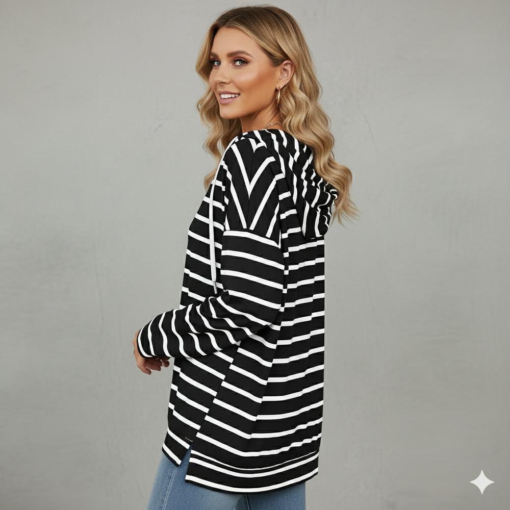 Gestreifter Damen Hoodie mit V Ausschnitt