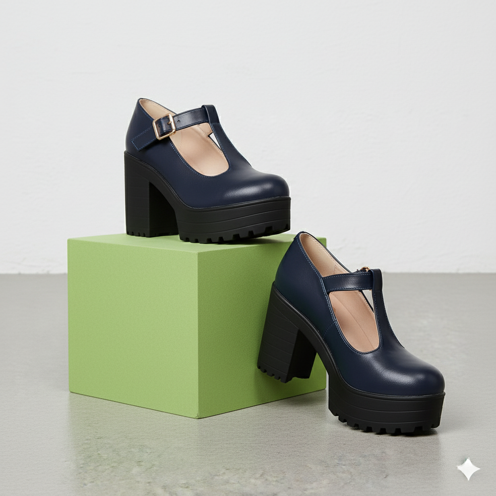 Damen T-Steg Pumps | Retro Stil mit Blockabsatz & Schnalle