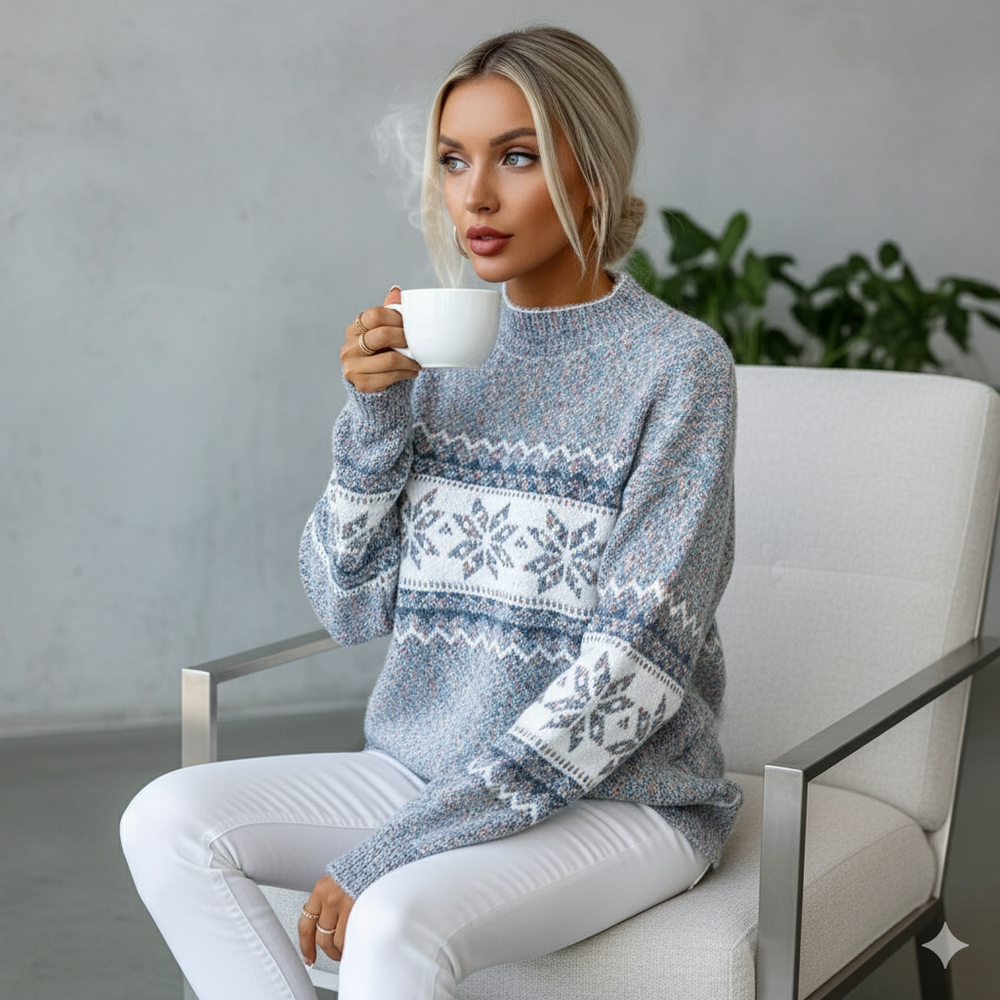 Damen Strickpullover mit Stehkragen | Winter | Schneeflocken-Muster