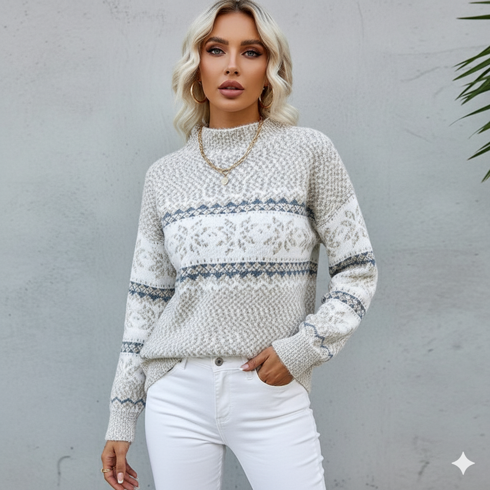 Damen Strickpullover mit Stehkragen | Winter | Schneeflocken-Muster