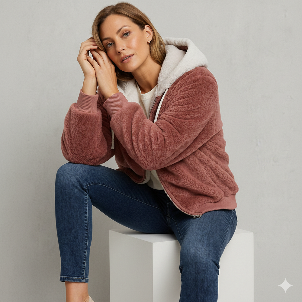 Kuschelige Damen Plüschjacke mit Kapuze und Reißverschluss | Winter