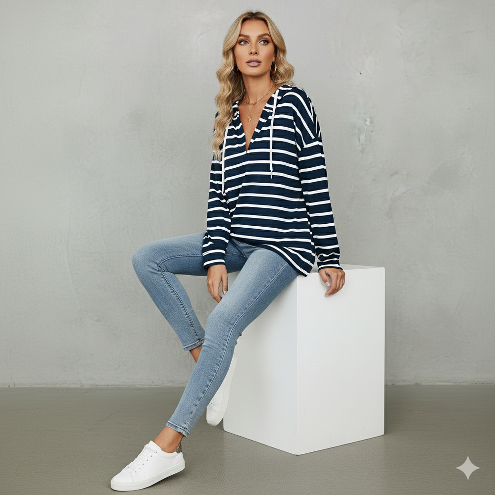 Gestreifter Damen Hoodie mit V Ausschnitt
