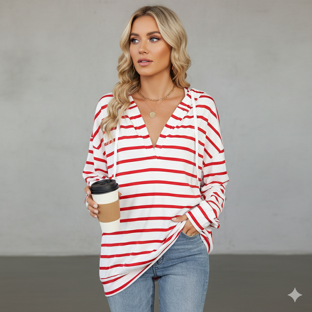 Gestreifter Damen Hoodie mit V Ausschnitt