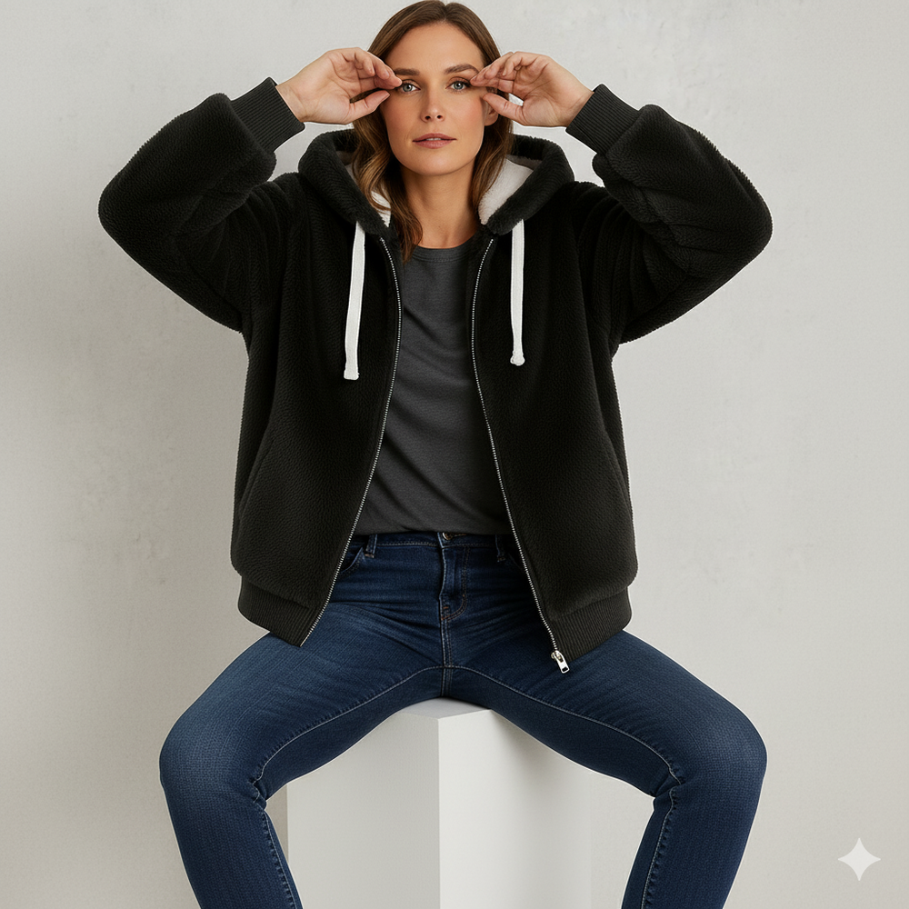 Kuschelige Damen Plüschjacke mit Kapuze und Reißverschluss | Winter