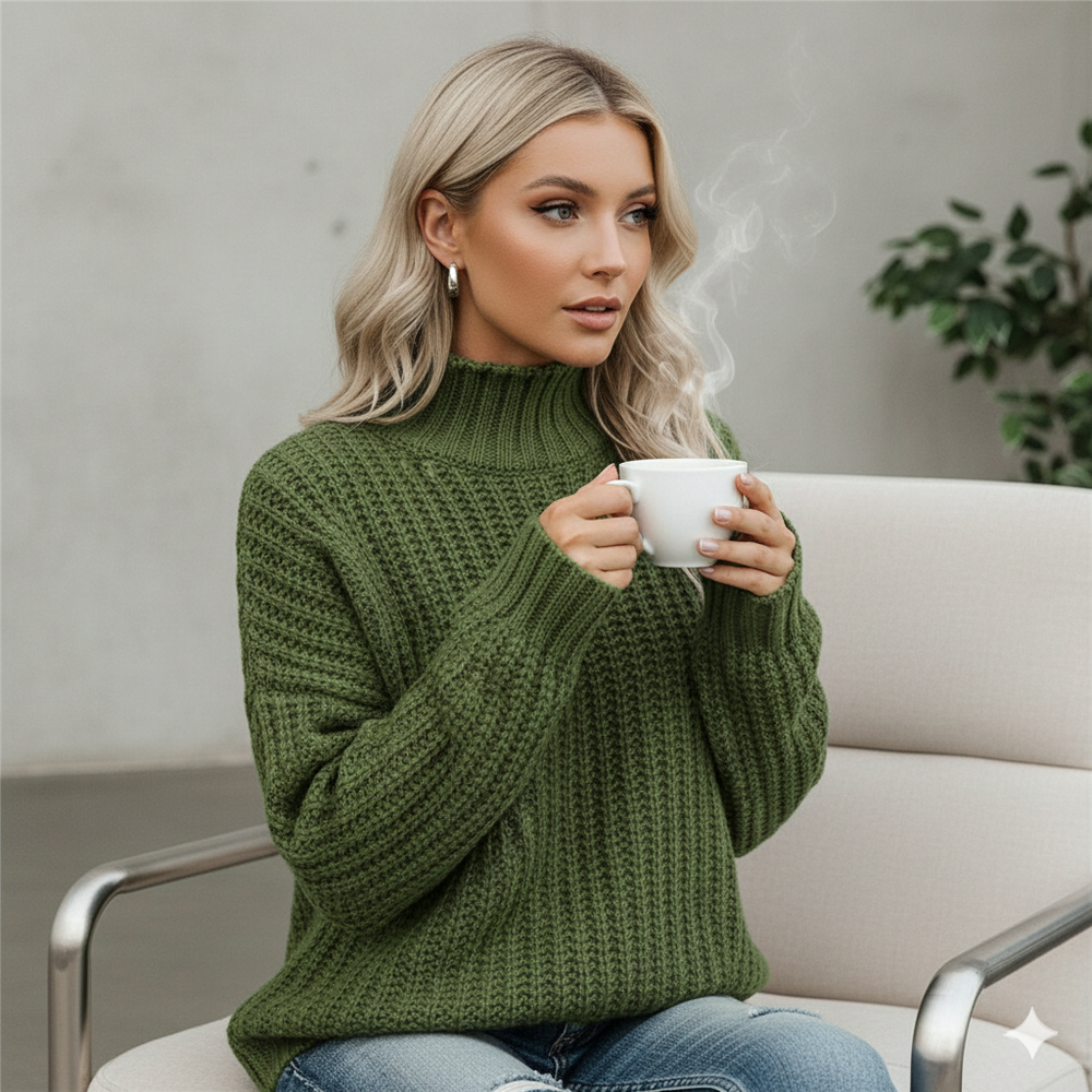 Damen Strickpullover mit Zopfmuster | Warm & Hochgeschlossen | Winter