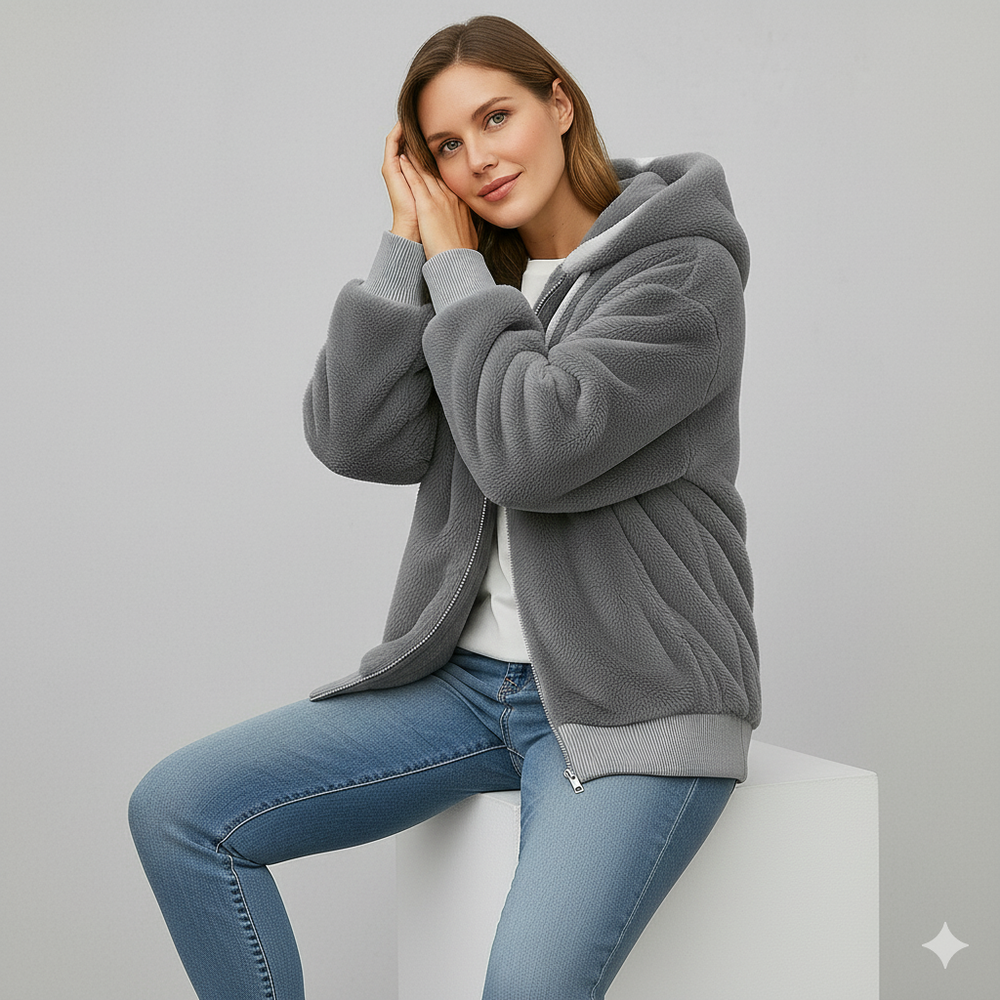 Kuschelige Damen Plüschjacke mit Kapuze und Reißverschluss | Winter