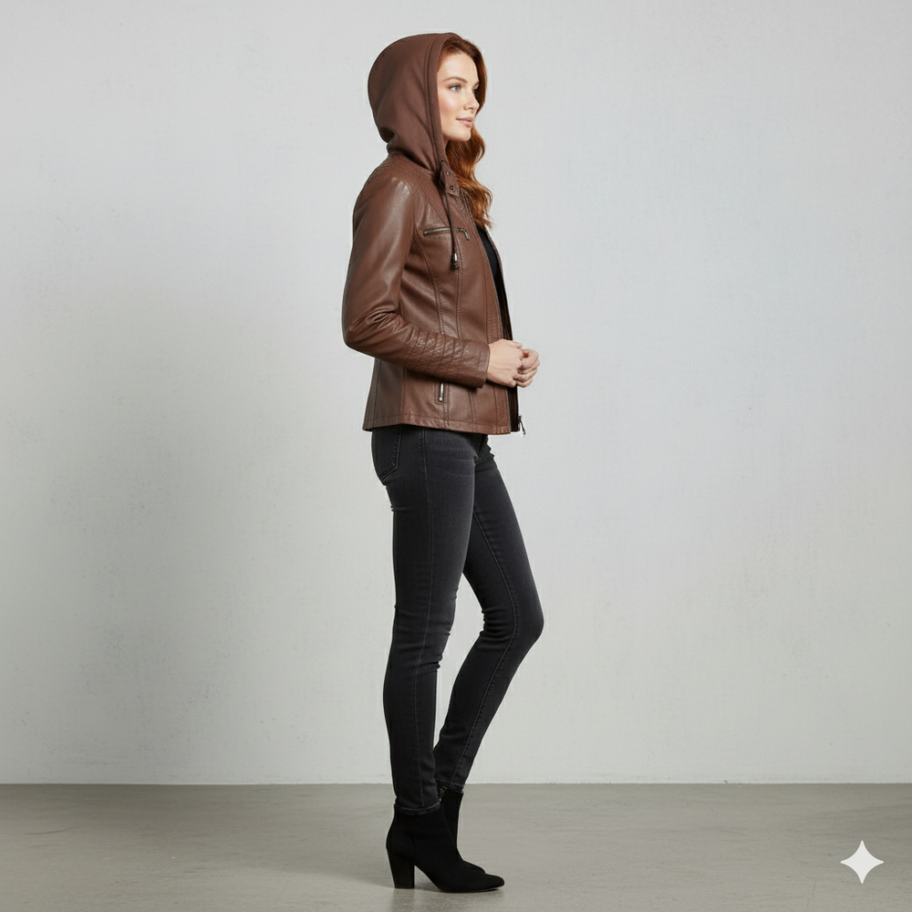 Damen Lederjacke mit Kapuze | Modern & Abnehmbar | Übergang