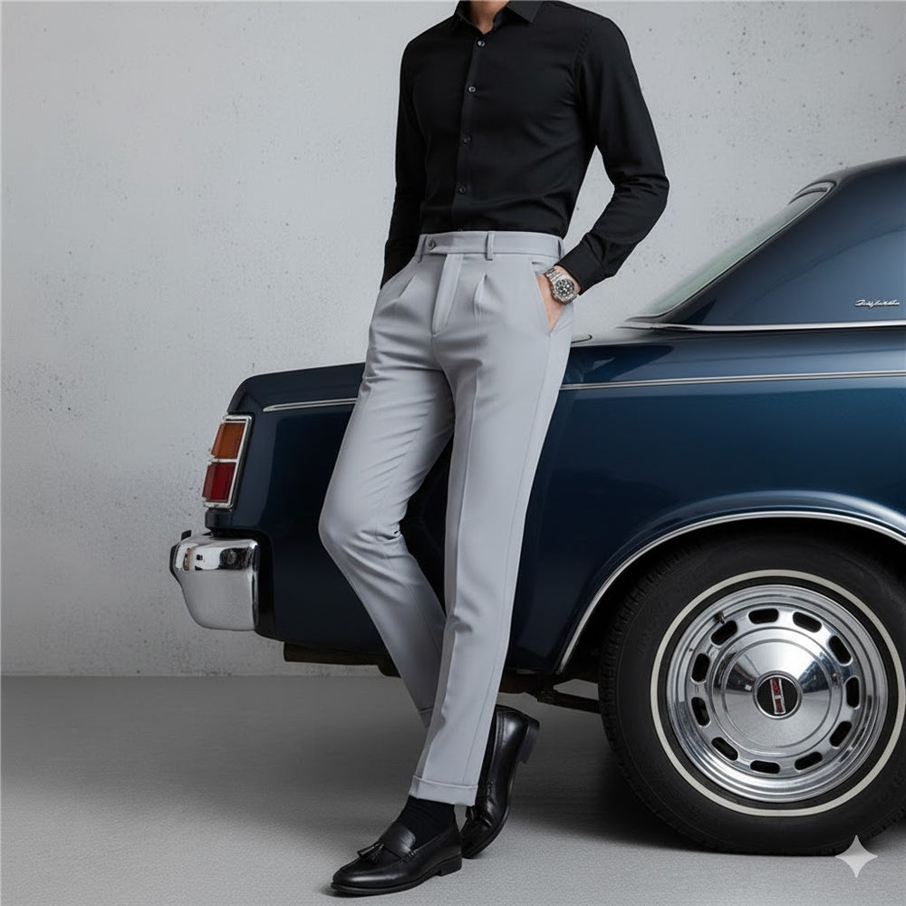 Herren Bundfaltenhose elegant | Moderner Slim Fit mit Doppelverschluss