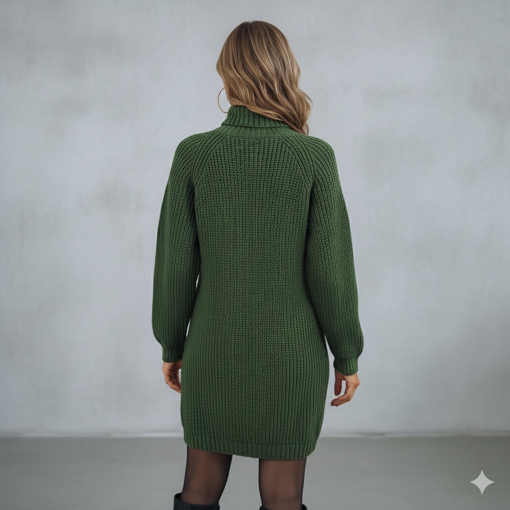 Damen Rollkragen Kleid lang | Eleganter Strick & Knopfdetail Winter