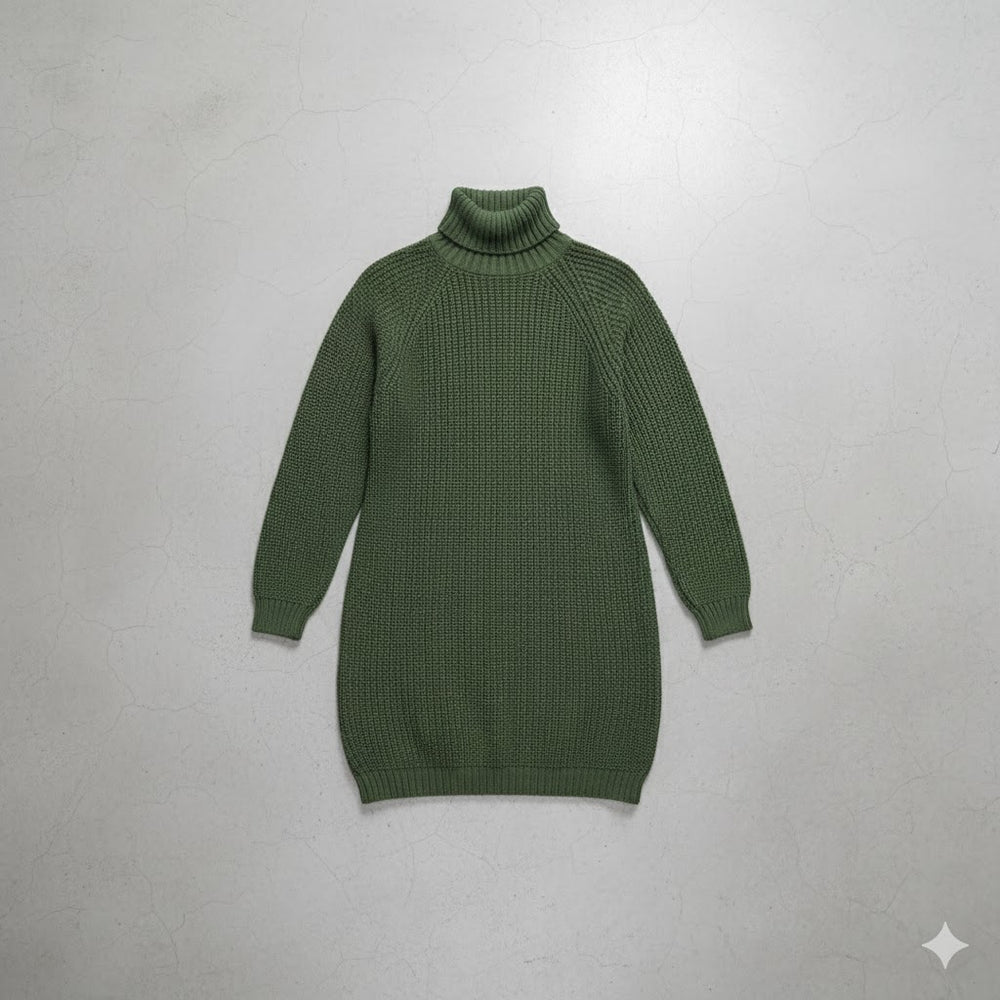 Damen Rollkragen Kleid lang | Eleganter Strick & Knopfdetail Winter