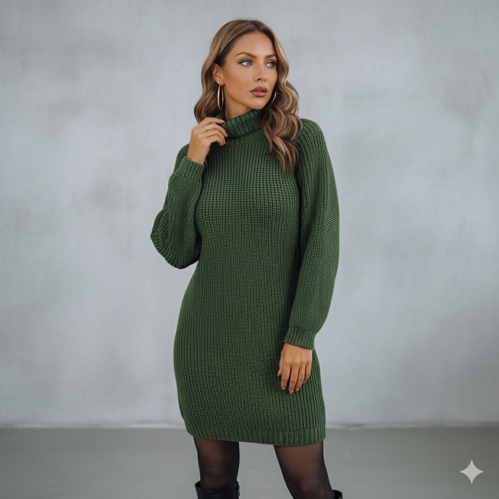 Damen Rollkragen Kleid lang | Eleganter Strick & Knopfdetail Winter