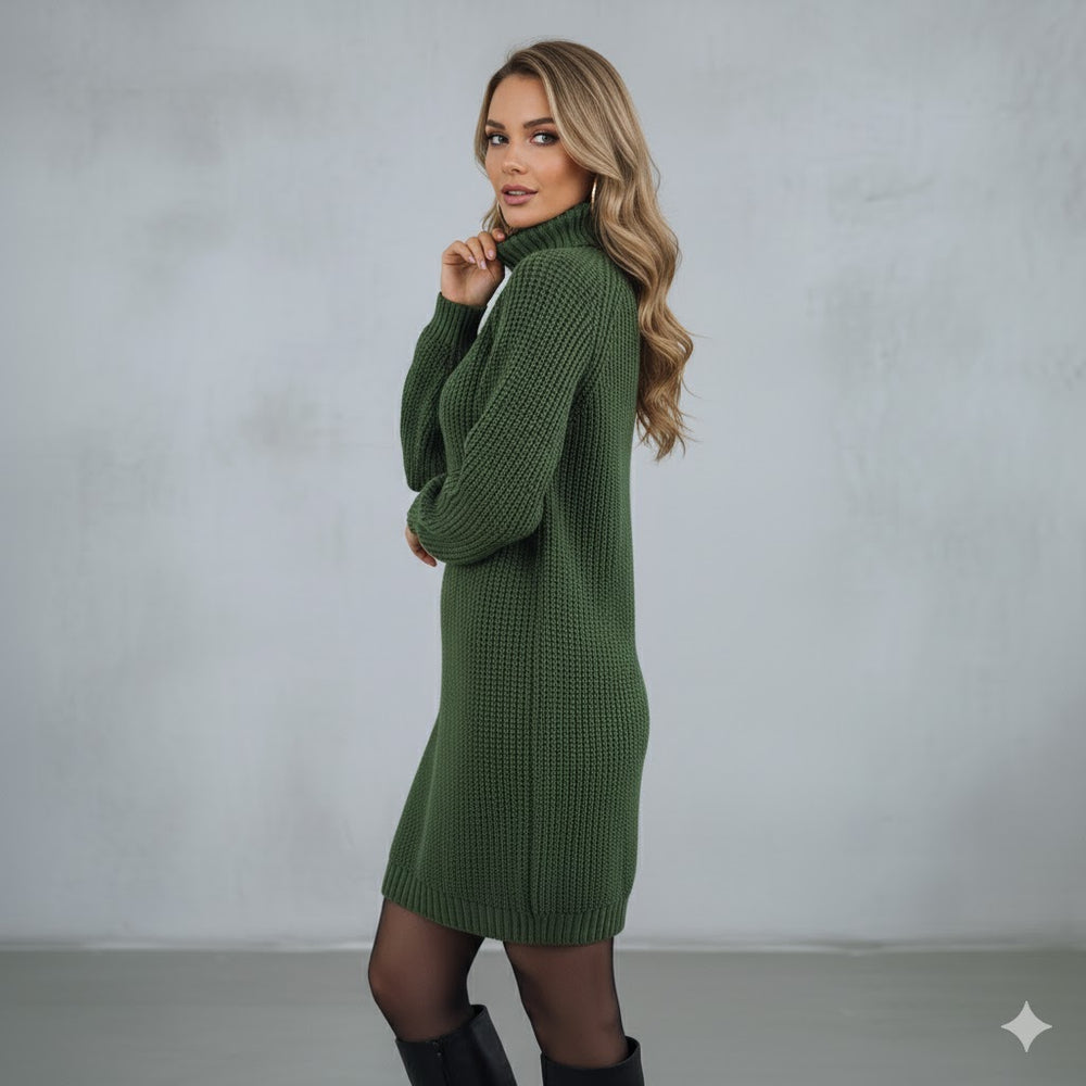 Damen Rollkragen Kleid lang | Eleganter Strick & Knopfdetail Winter