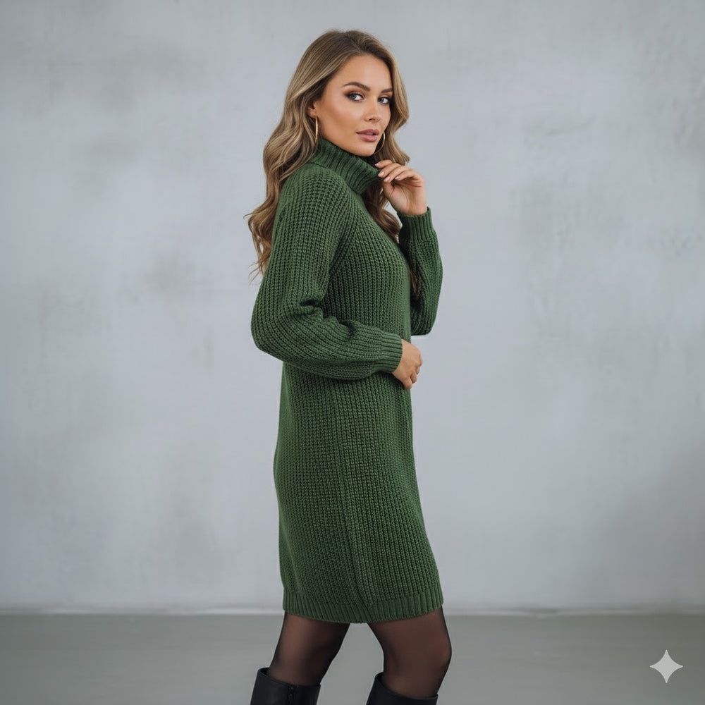 Damen Rollkragen Kleid lang | Eleganter Strick & Knopfdetail Winter