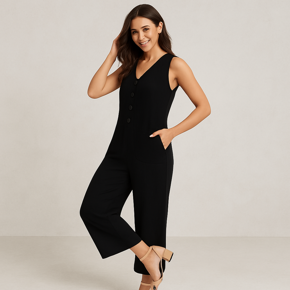 Damen Leinen Jumpsuit ärmellos | Herbst Elegant mit Knopfleiste