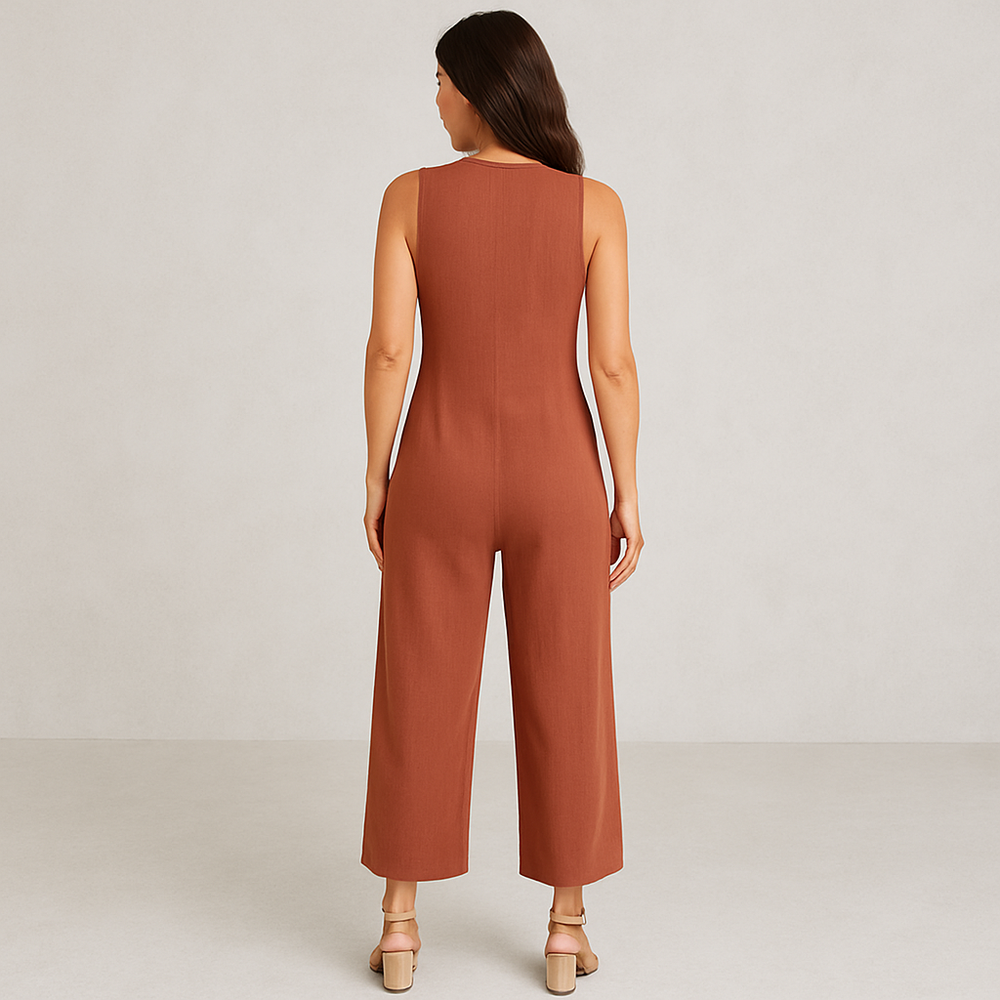 Damen Leinen Jumpsuit ärmellos | Herbst Elegant mit Knopfleiste