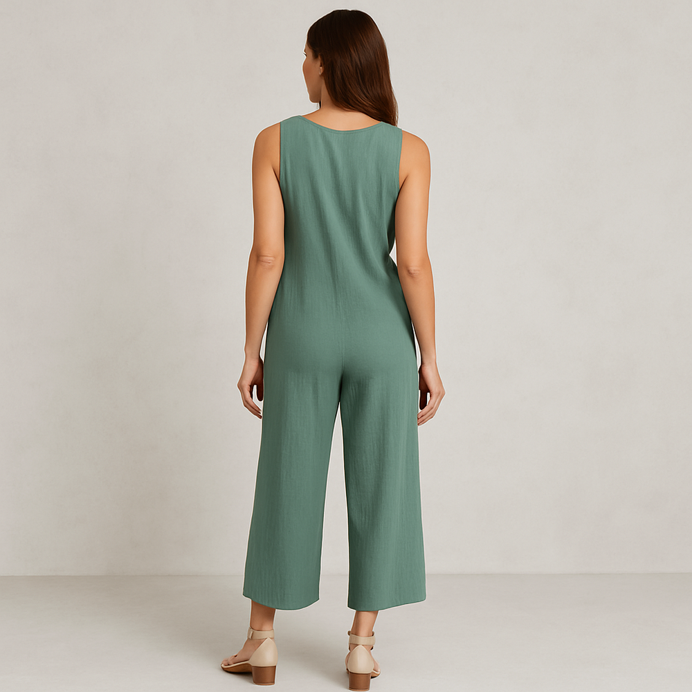 Damen Leinen Jumpsuit ärmellos | Herbst Elegant mit Knopfleiste