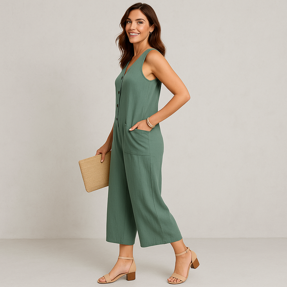 Damen Leinen Jumpsuit ärmellos | Herbst Elegant mit Knopfleiste