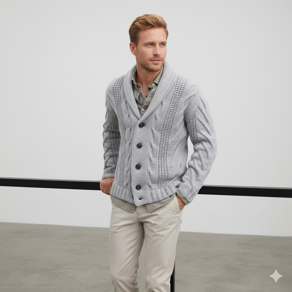 Herren Strickjacke mit Schalkragen und Zopfmuster | Winter