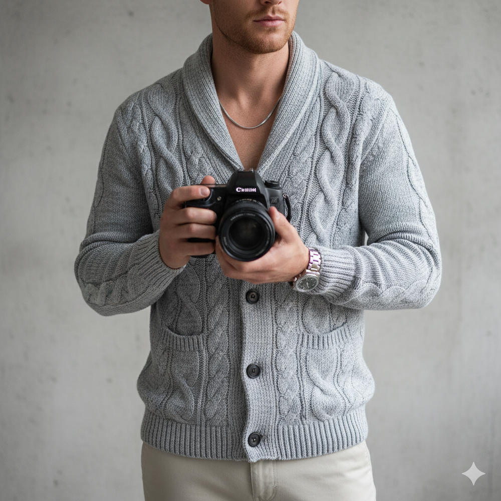 Herren Strickjacke mit Schalkragen und Zopfmuster | Winter