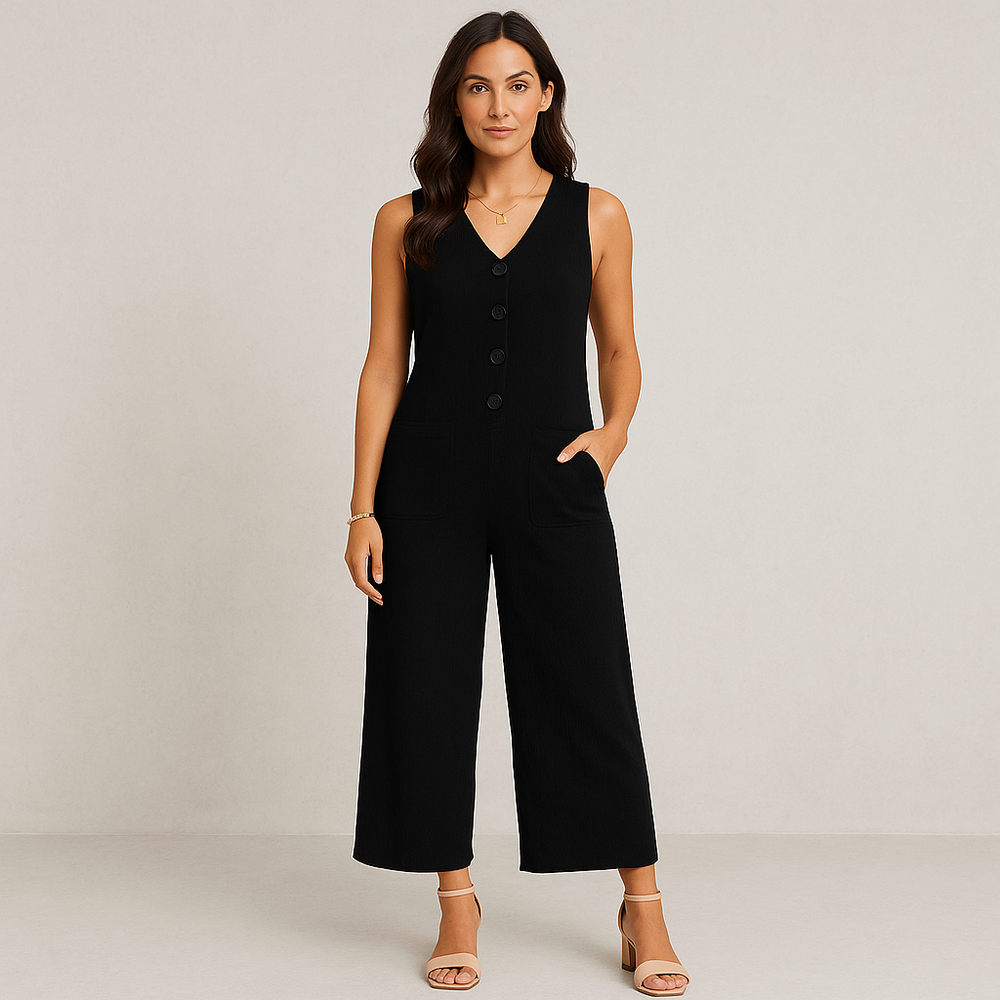 Damen Leinen Jumpsuit ärmellos | Herbst Elegant mit Knopfleiste