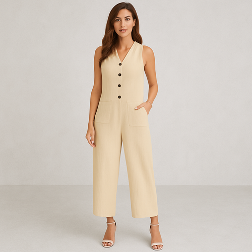Damen Leinen Jumpsuit ärmellos | Herbst Elegant mit Knopfleiste