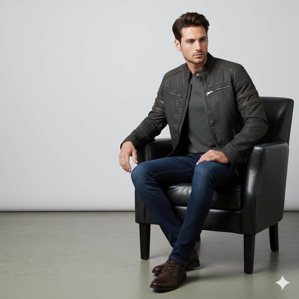 Herren Bikerjacke aus Veganleder mit Stehkragen | Herbst Winter