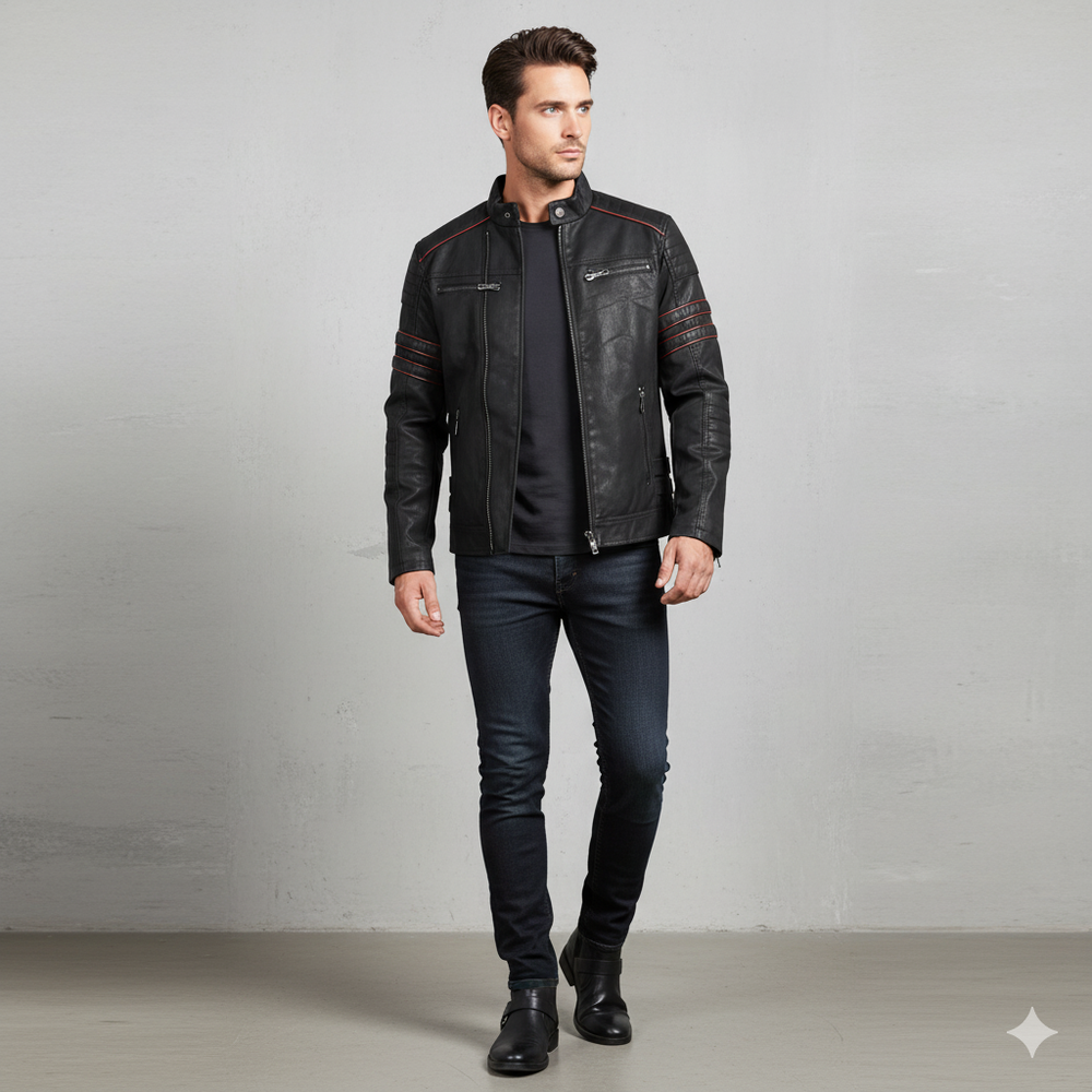 Herren Bikerjacke aus Veganleder mit Stehkragen | Herbst Winter