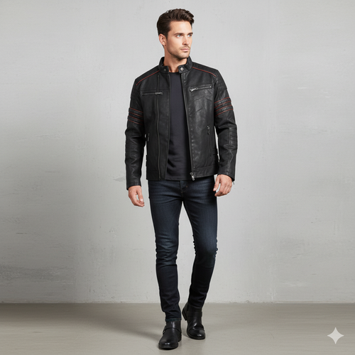 Herren Bikerjacke aus Veganleder mit Stehkragen | Herbst Winter