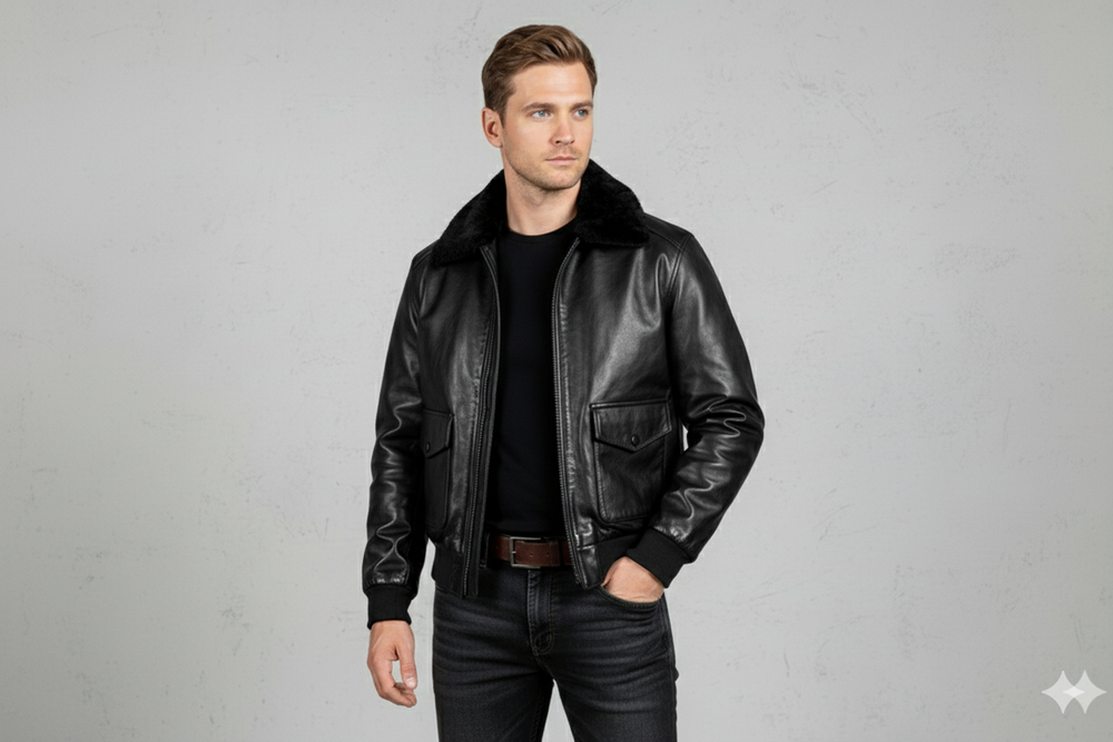 Herren Lederjacke im Retro Air Force Stil | Warm mit Fellkragen