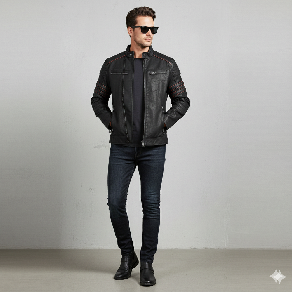 Herren Bikerjacke aus Veganleder mit Stehkragen | Herbst Winter