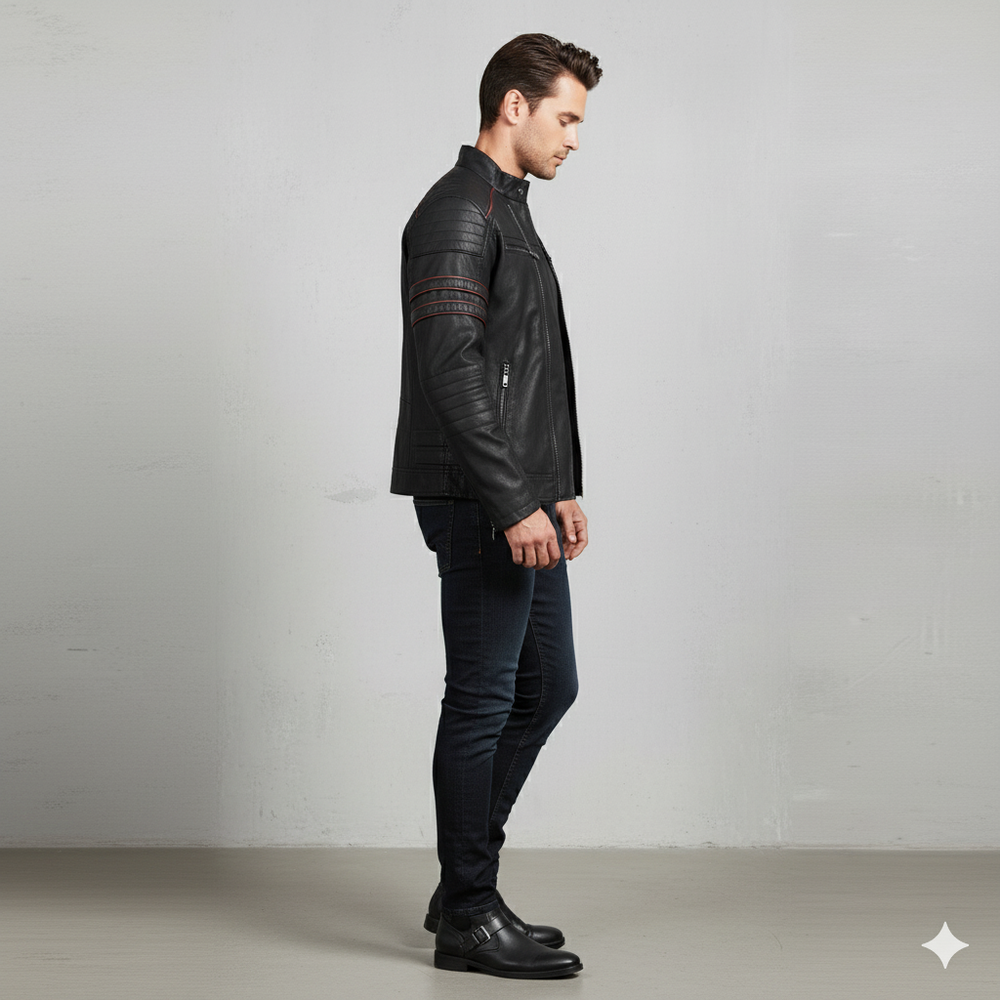 Herren Bikerjacke aus Veganleder mit Stehkragen | Herbst Winter