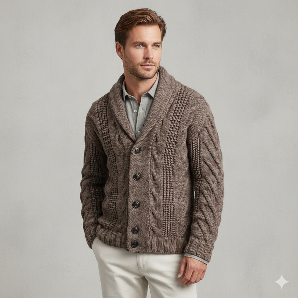 Herren Strickjacke mit Schalkragen und Zopfmuster | Winter