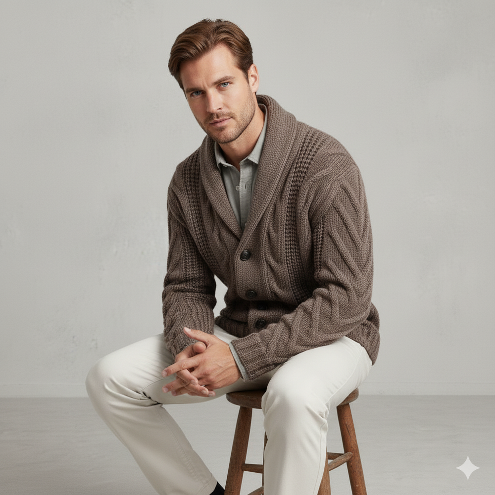 Herren Strickjacke mit Schalkragen und Zopfmuster | Winter