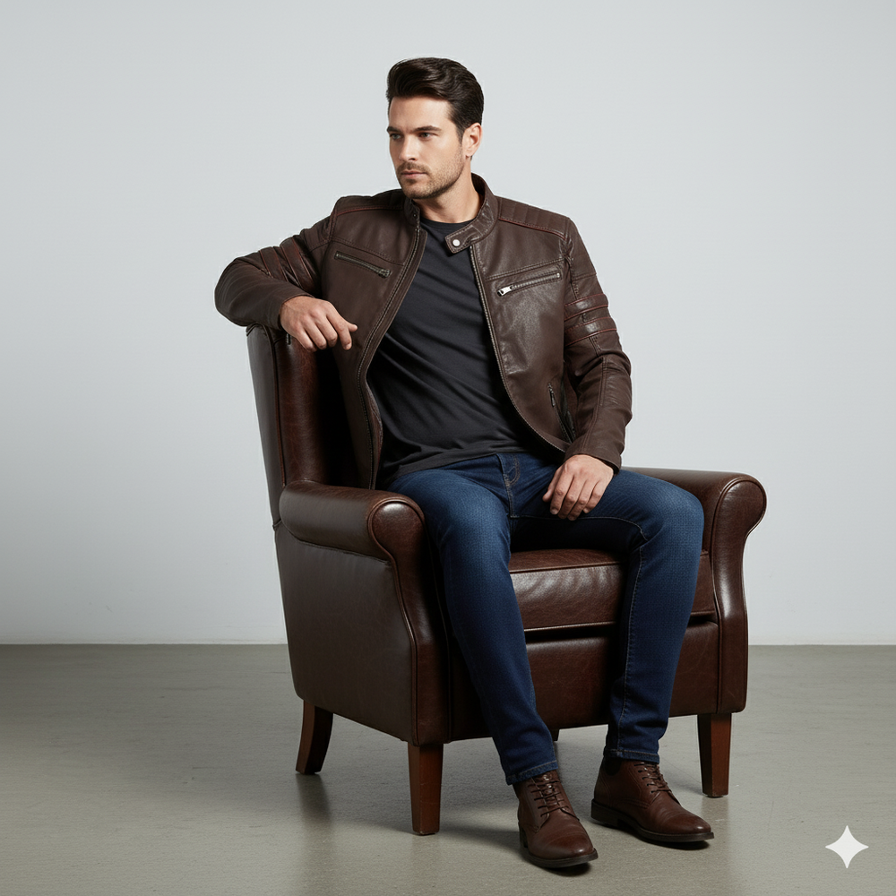 Herren Bikerjacke aus Veganleder mit Stehkragen | Herbst Winter