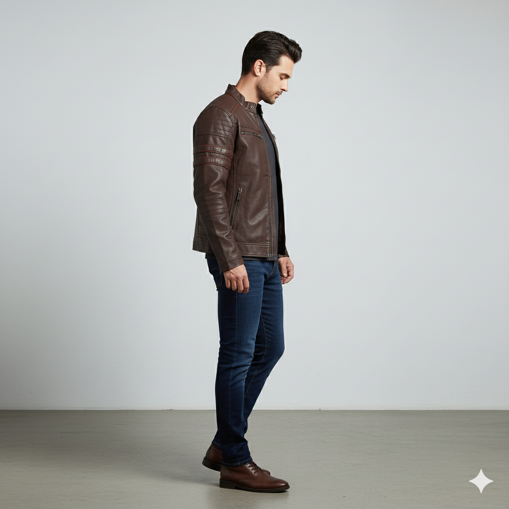 Herren Bikerjacke aus Veganleder mit Stehkragen | Herbst Winter