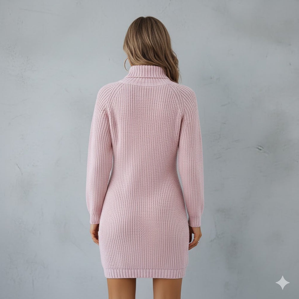 Damen Rollkragen Kleid lang | Eleganter Strick & Knopfdetail Winter