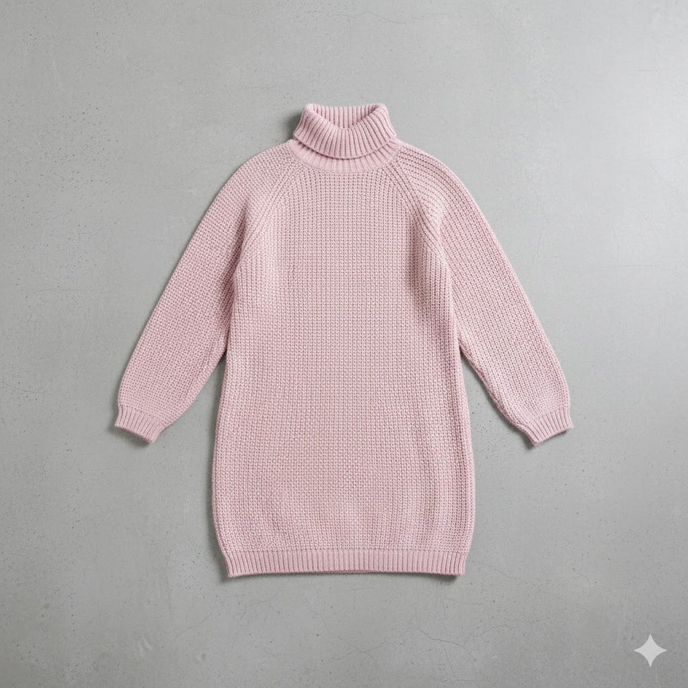 Damen Rollkragen Kleid lang | Eleganter Strick & Knopfdetail Winter