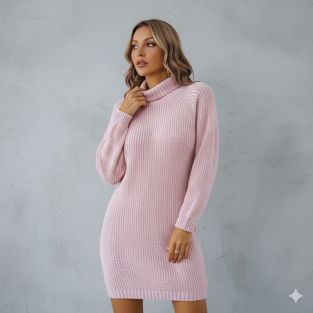 Damen Rollkragen Kleid lang | Eleganter Strick & Knopfdetail Winter