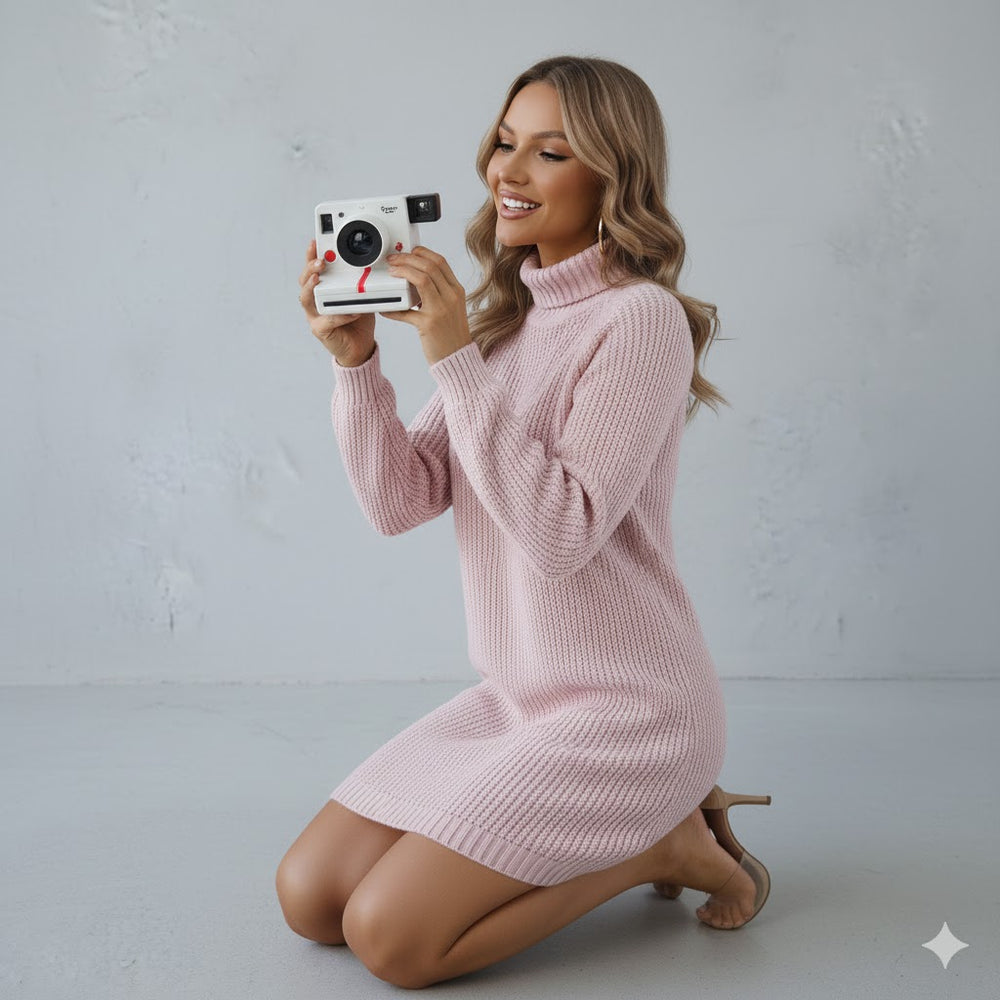 Damen Rollkragen Kleid lang | Eleganter Strick & Knopfdetail Winter