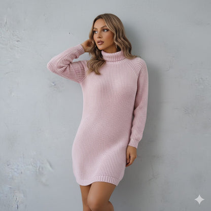 Damen Rollkragen Kleid lang | Eleganter Strick & Knopfdetail Winter