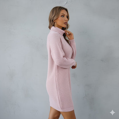 Damen Rollkragen Kleid lang | Eleganter Strick & Knopfdetail Winter