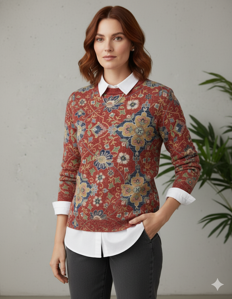 Damen Strickpullover mit Blumenmuster | Locker & Elegant