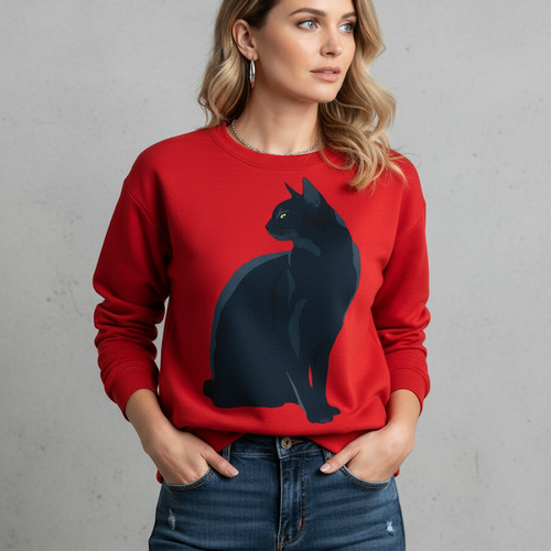 Damenpullover mit Rundhalsausschnitt und Katzenprint | Freizeit
